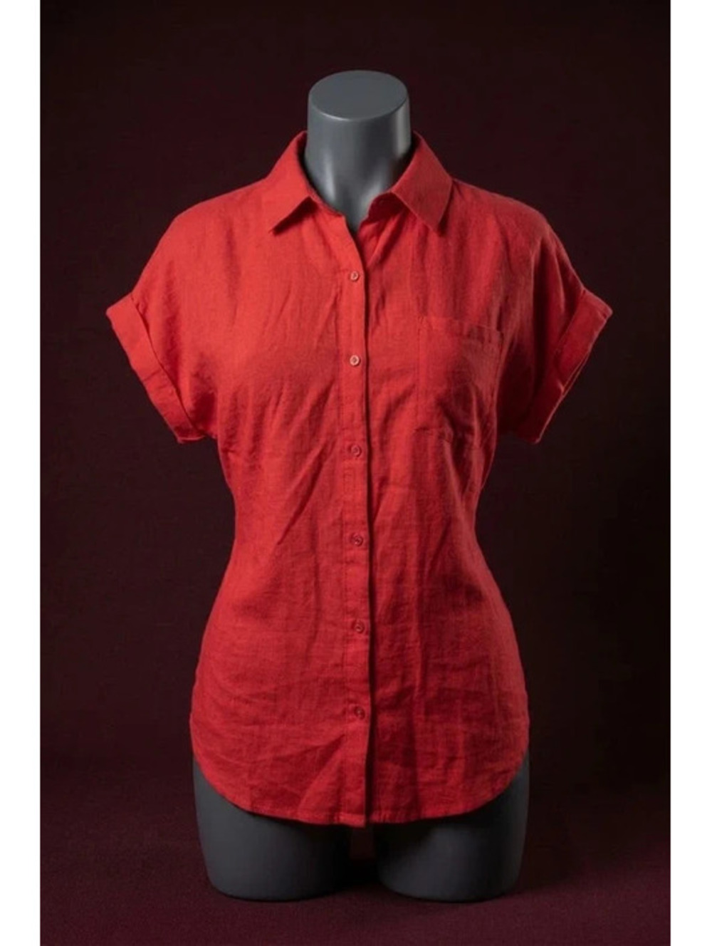 Lily Star Red Short Sleeve Button-Up Shirt Blouse Women’s Size M